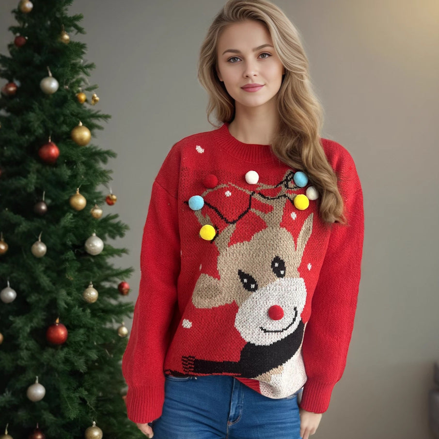 Women's Christmas Sweater with Unique Reindeer Motif and Colorful Appliqués