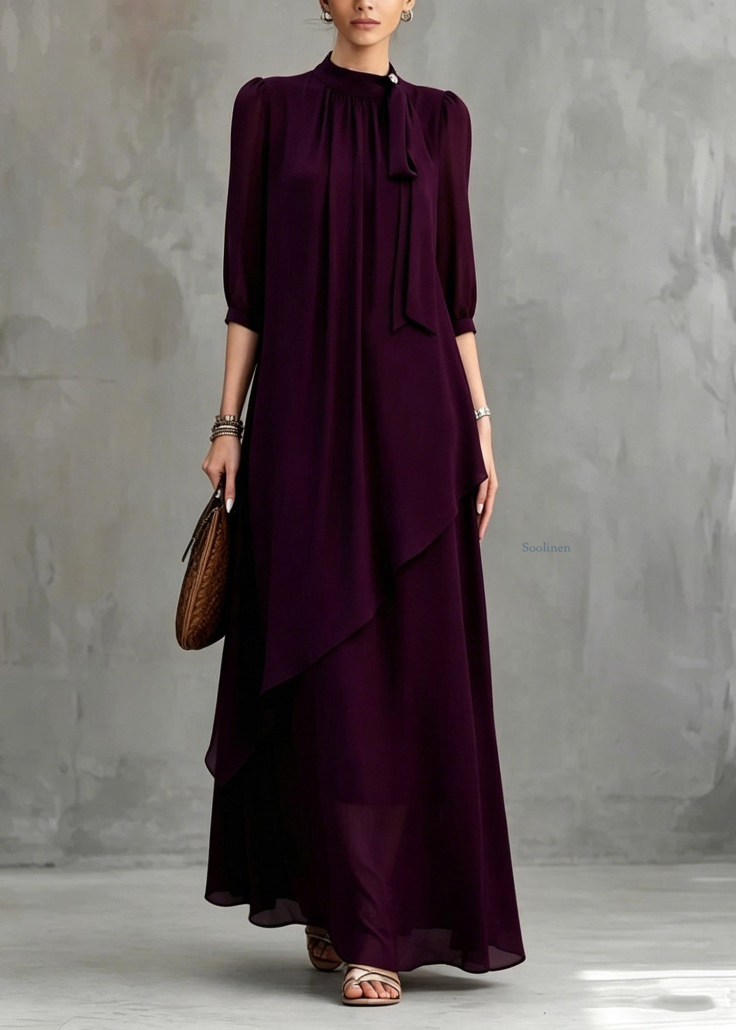 Organic Dark Purple Stand Collar Maxi Dress Half Sleeve
