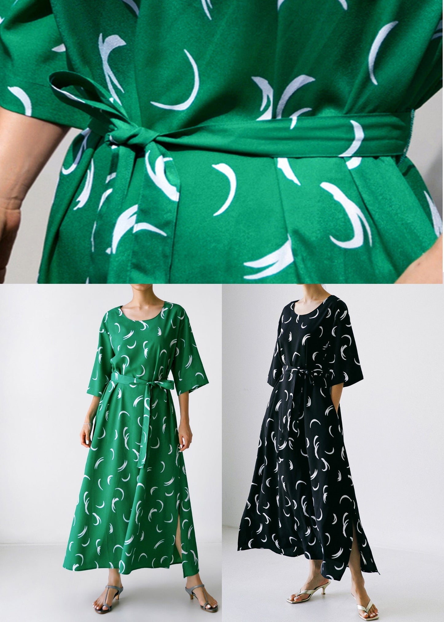 Organic Green O-neck Print Silk Maxi Dress Long Sleeve