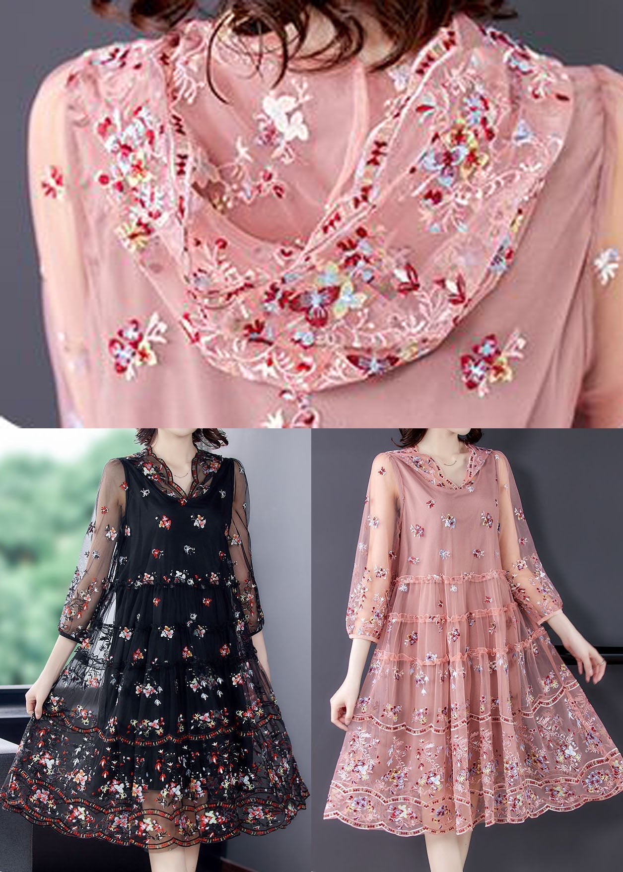 Organic Pink Hooded Embroideried Tulle a Line Dress Summer