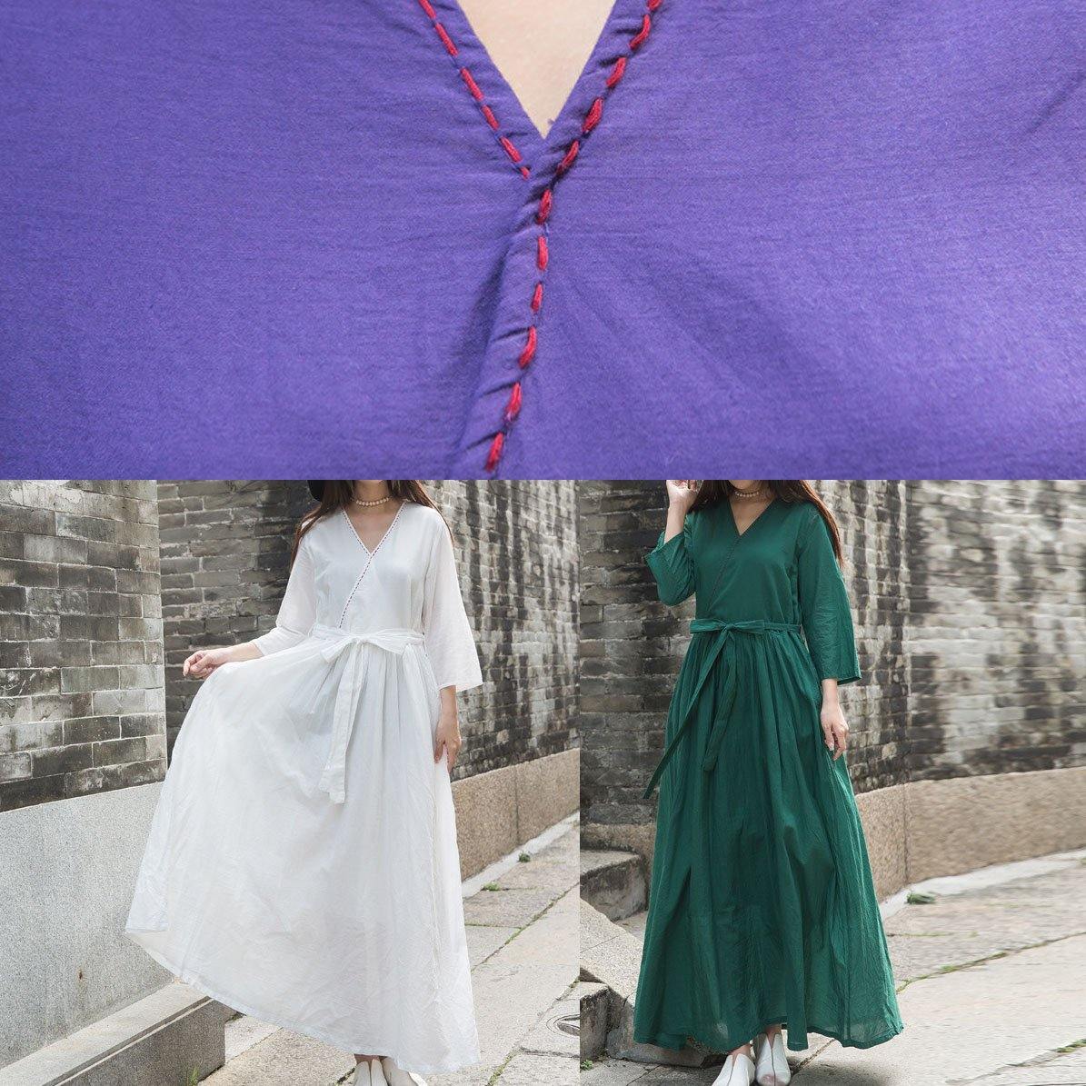 Organic Bracelet Sleeved Linen Clothes for Shape Dark Purple V Neck Dress