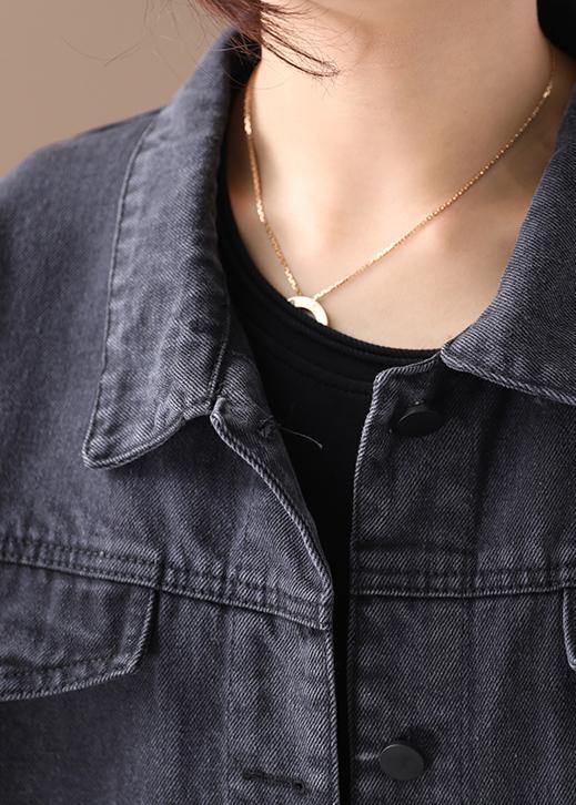 Organic Denim Black Cotton Crane Tops Lapel Pockets Midi Fall Blouses