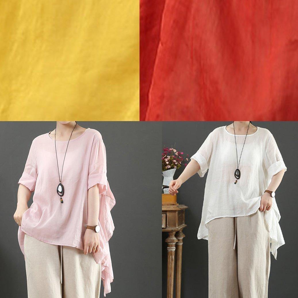 Organic Pink Linen Clothes for O Neck Half Sleeve Silhouette Shirt