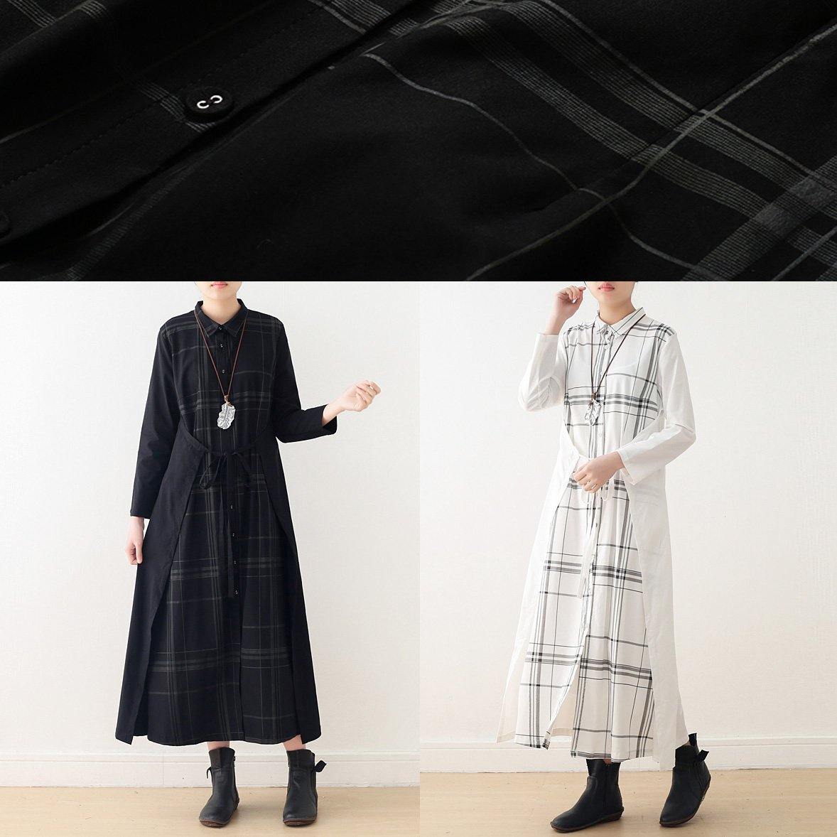 Organic White Plaid Cotton Long Shirts Drawstring Art Summer Dresses