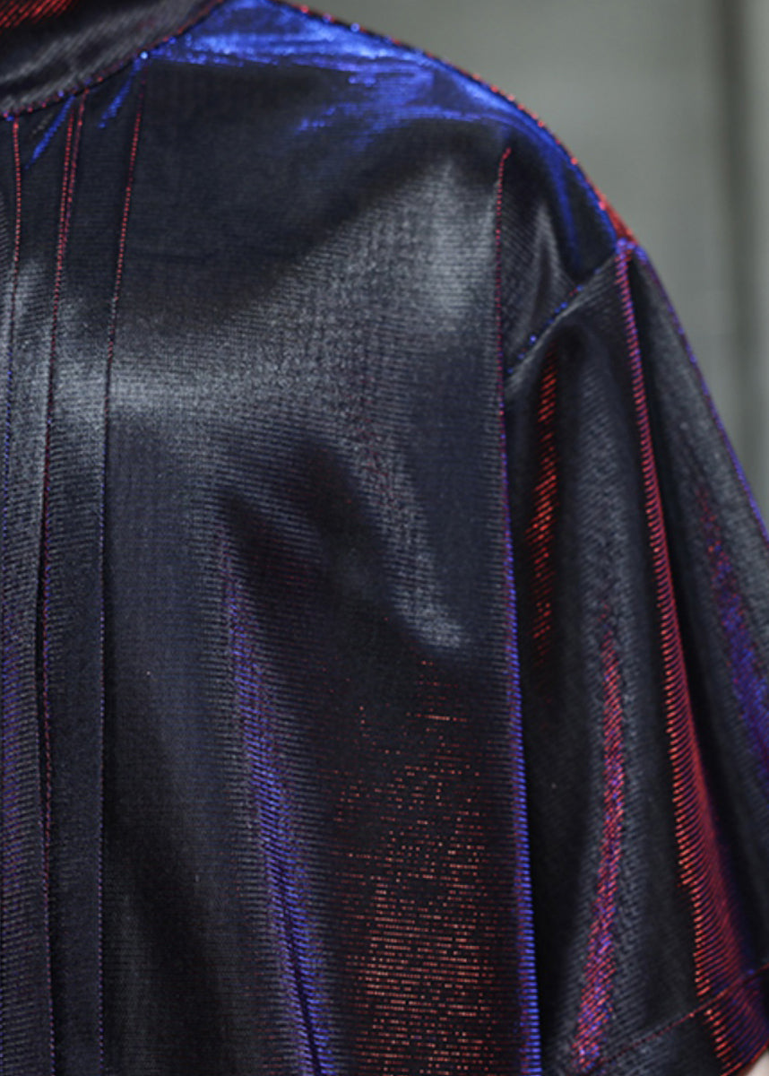 Original Color Change Blue Purple Stand Collar Wrinkled Ice Silk Shirts