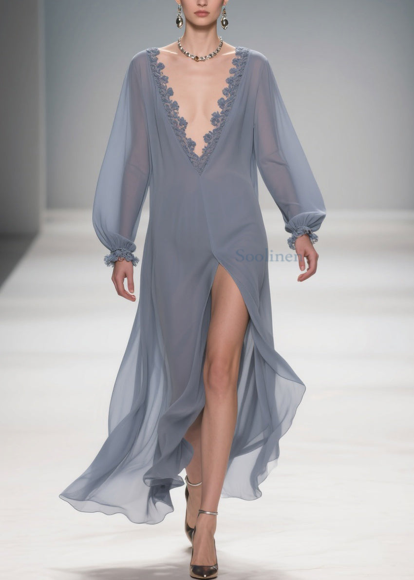 Original Design Blue Lace Side Open Long Dress Lantern Sleeve