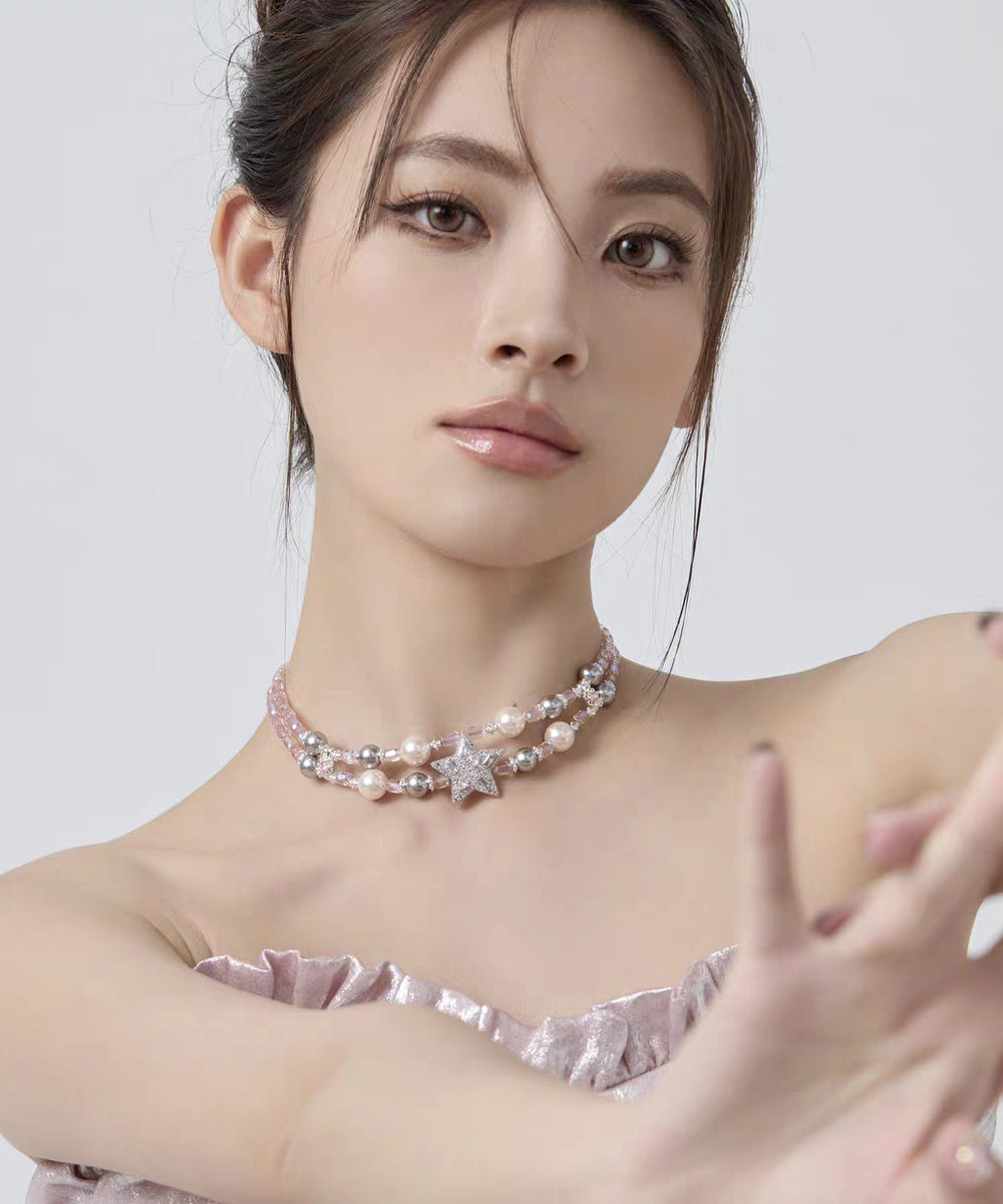 Original Design Rainbow Alloy Zircon Pearl Pentagram Double-layer Princess Necklace