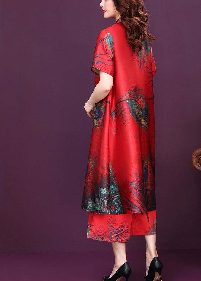Original Design Red Stand Collar Print Silk Shirt Top and Pants Two Pieces Set Summer