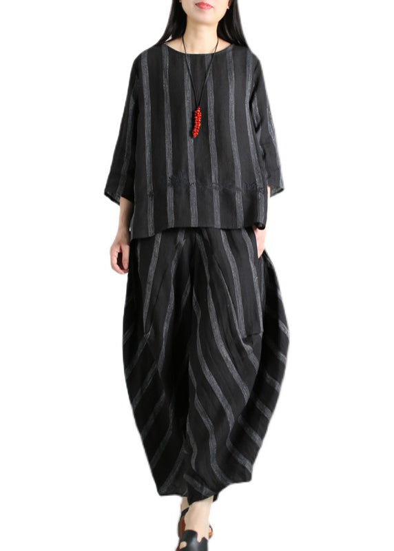 Original Loose Black Embroideried Striped Tops and Harm Pants Linen Two Pieces Set Summer