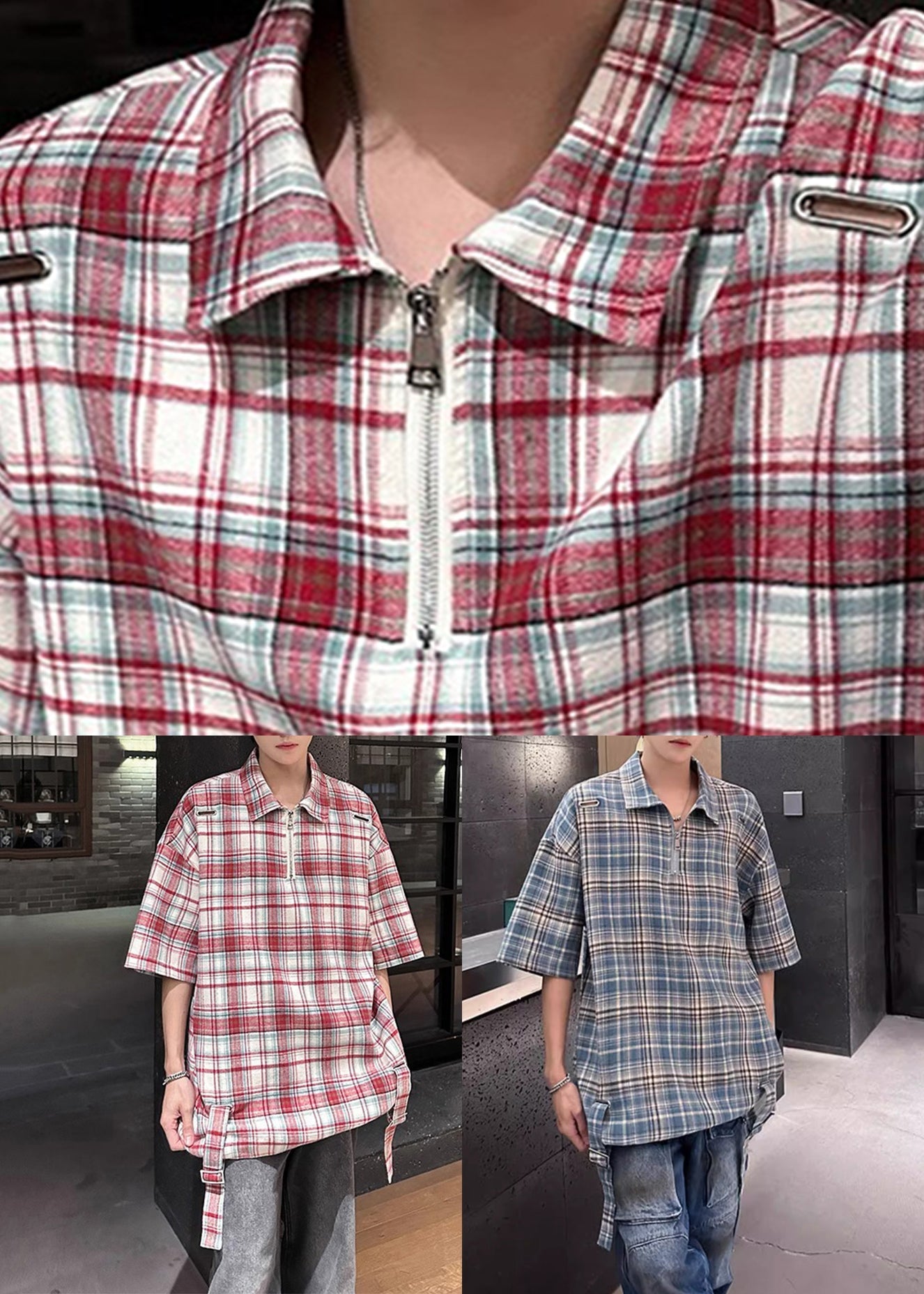 Plaid Red Zip Up Oversized Cotton Shirts Half Sleeve