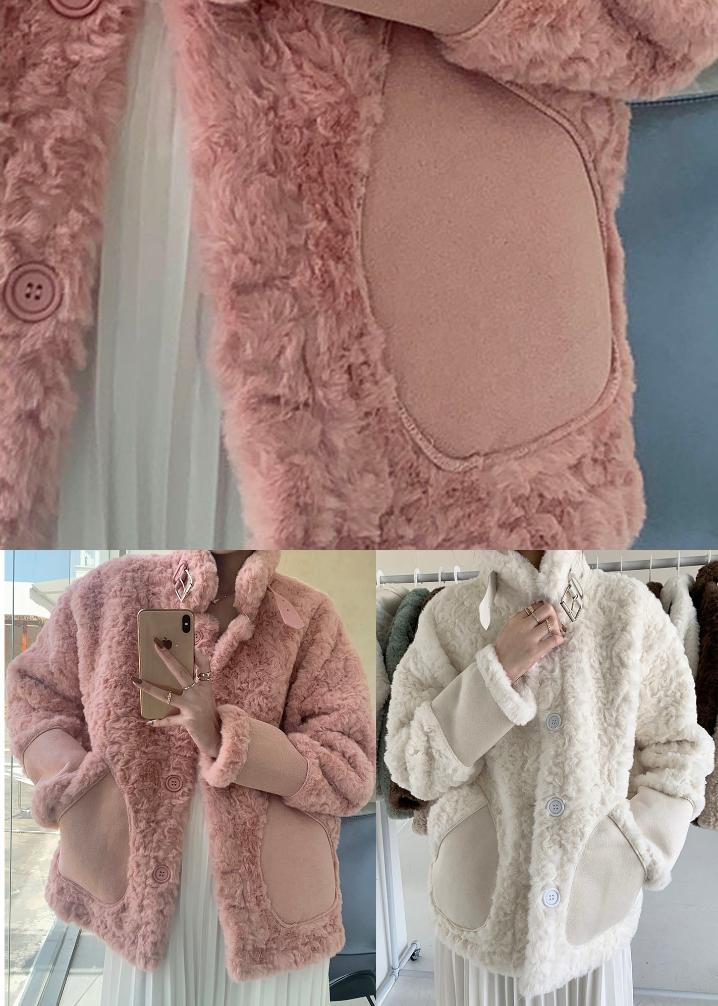 Apricot Button Thick Faux Fur Winter Coats