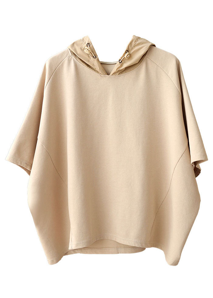 Apricot Hooded Drawstring Cotton Sweatshirts Top Summer