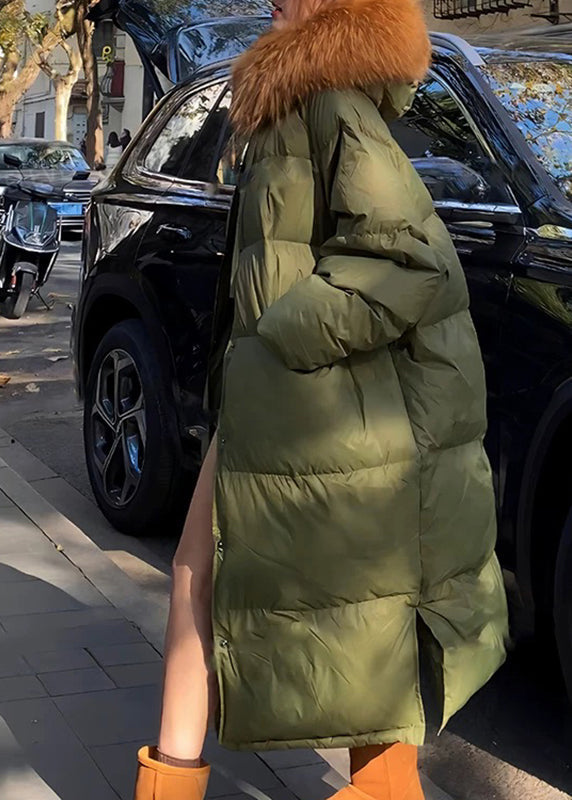 Army Green Raccoon Hair Button Collar Long Parkaer Spring