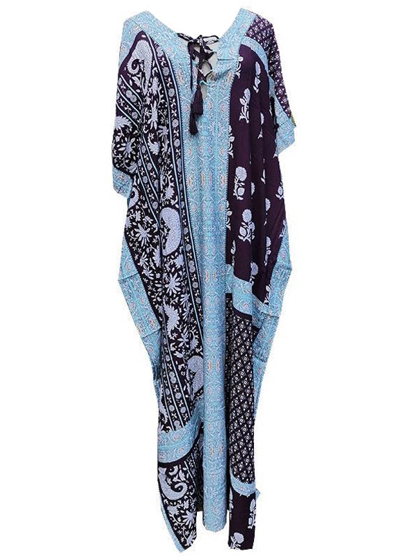 Baby Blue V Neck Print Side Open Maxi Holiday Dresses Short Sleeve