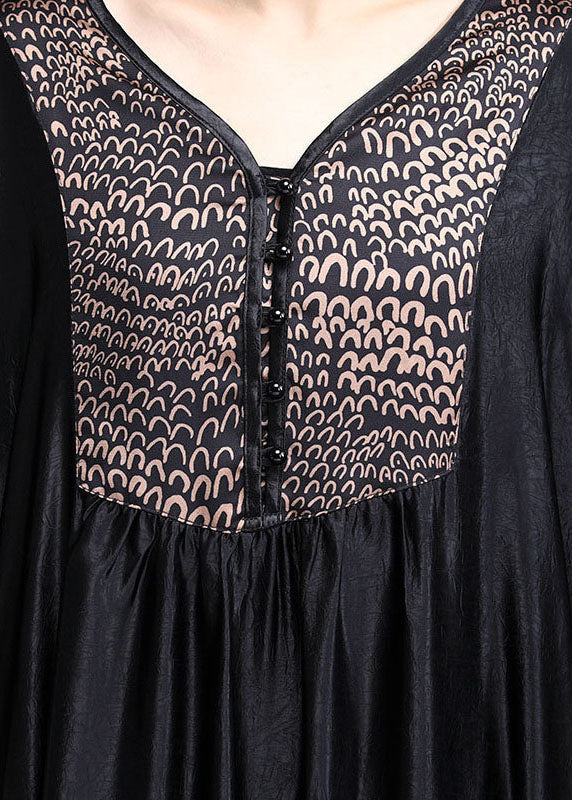 Black Asymmetrical Print Silk Ankle Dress Spring