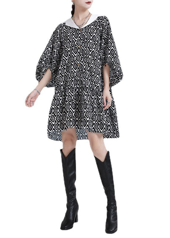 Black Button Patchwork Asymmetrical Design Puff Sleeve Fall Dresses