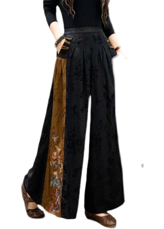 Black Embroideried Patchwork Pockets Silk Crop Pants Fall