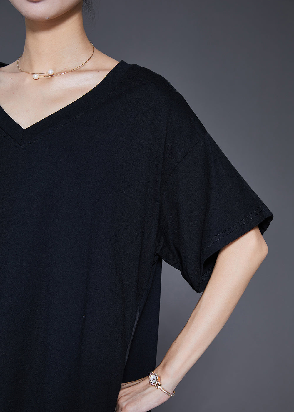 Black Heart Neck Patchwork Cotton Fake Two Piece Dress Summer