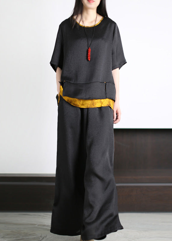 Black O-neck Patchwork Silk Top and Wide Leg Pants Two Piece Set Summer