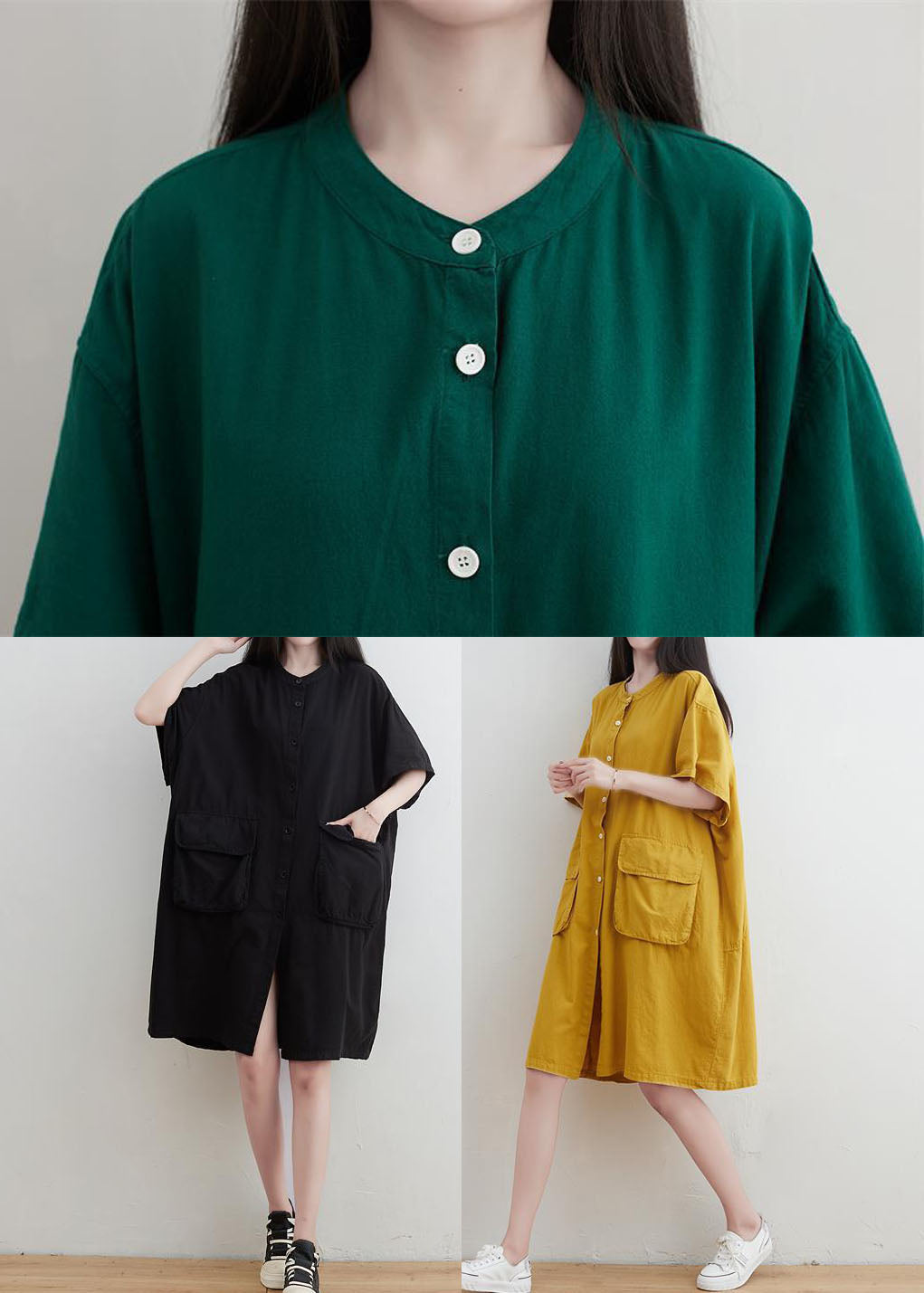 Black O-neck Pockets Button Linen Dresses Short Sleeve