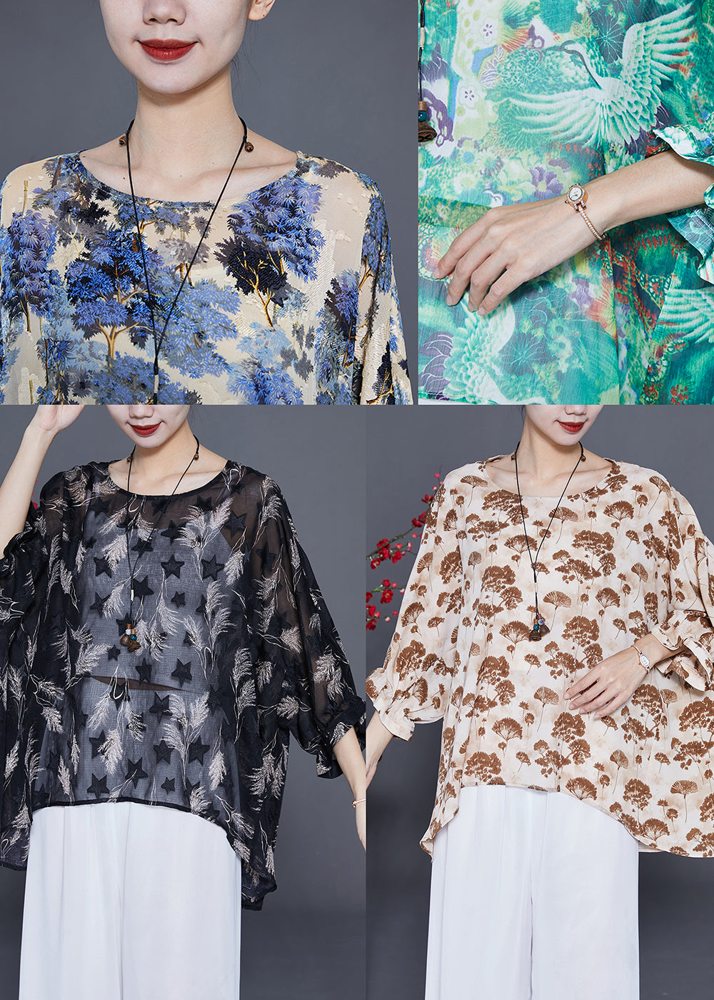 Black O-neck Print Silk Upf 50+ Top Bracelet Sleeve