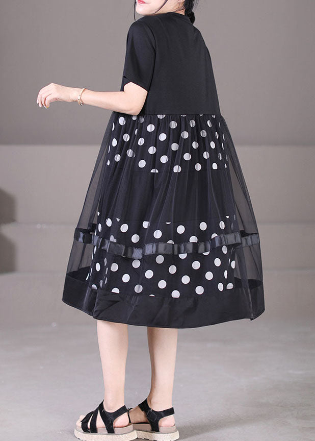 Black O-neck Tulle Patchwork Dot Print Cotton Maxi Dress Short Sleeve
