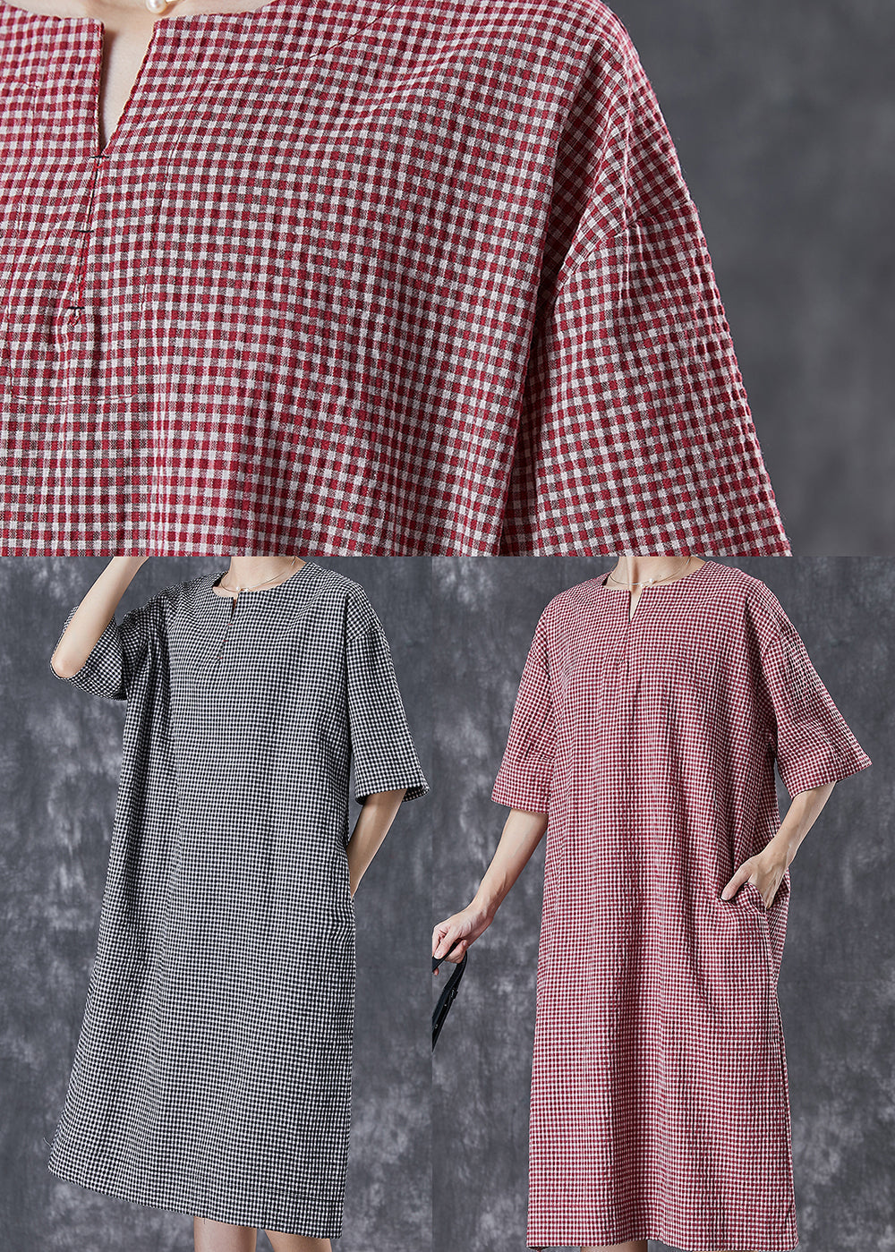 Black Oversized Plaid Cotton Maxi Dresses Summer