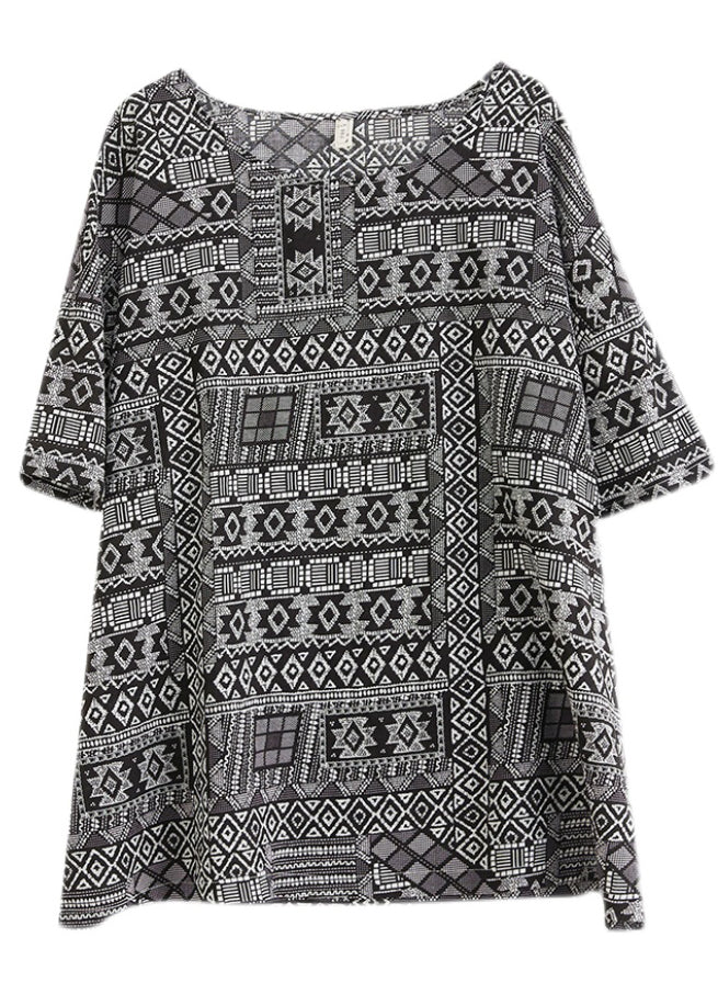 Black Oversized Print Linen Tanks Half Sleeve