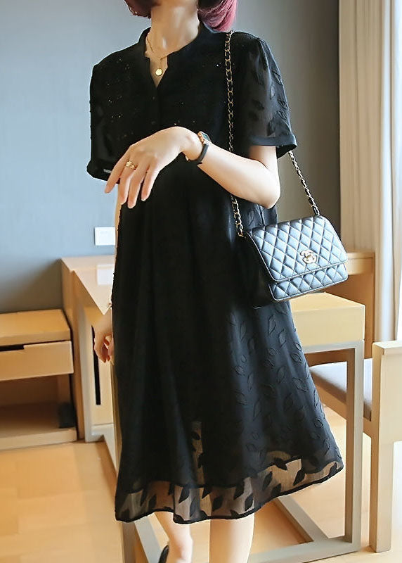 Black Stand Collar Patchwork Jacquard Chiffon Maxi Dresses Summer