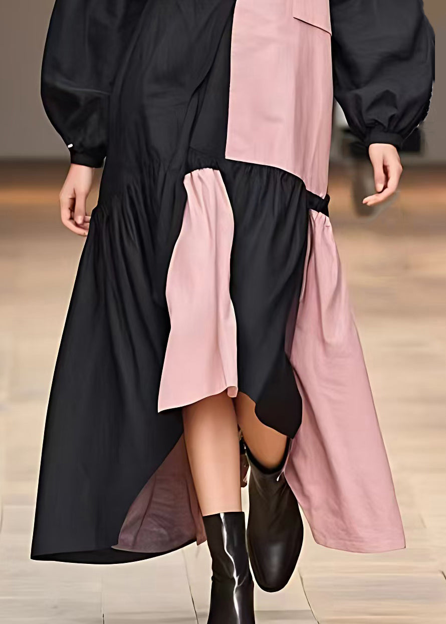 Black Turtleneck Patchwork Cotton Dresses Fall