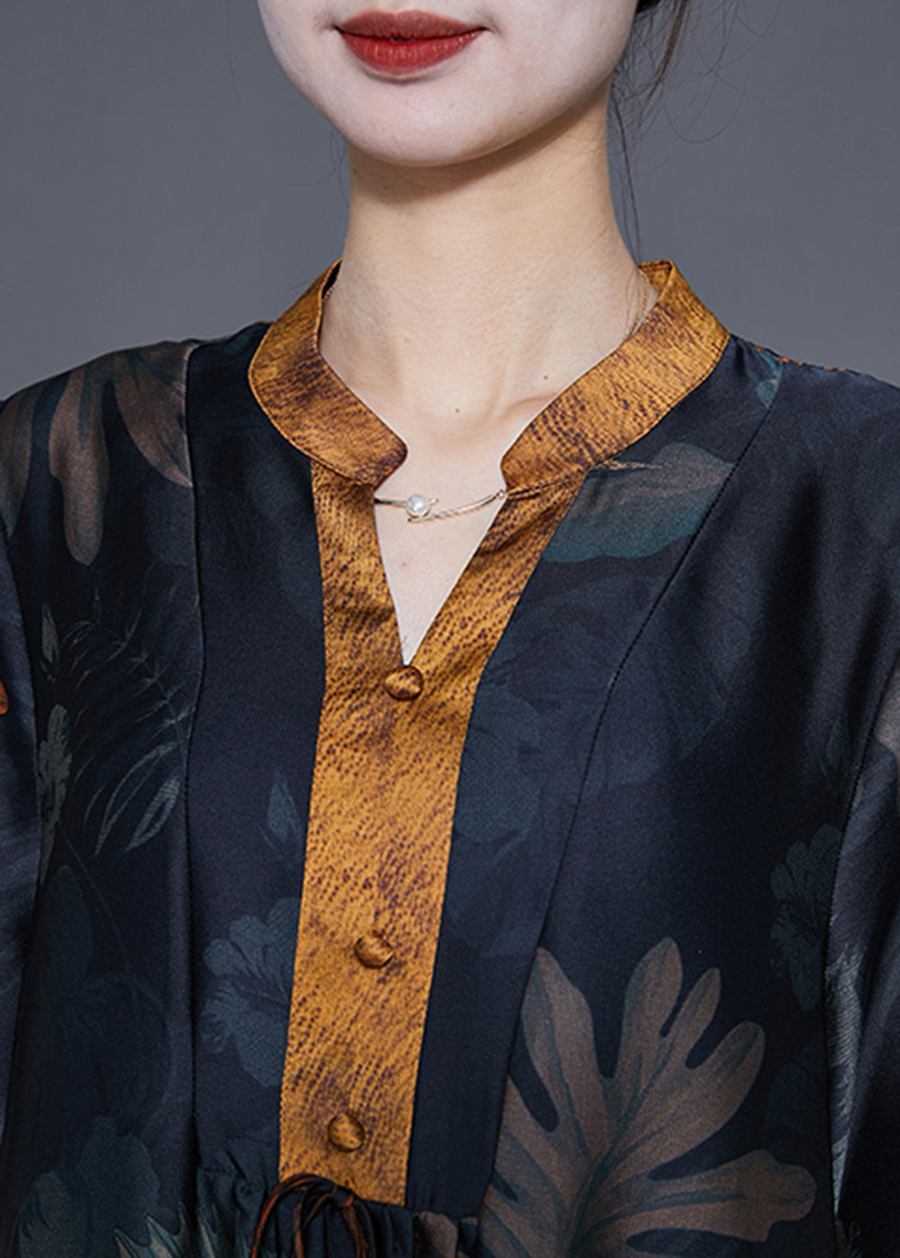 Black V Neck Print Silk Long Dress Summer