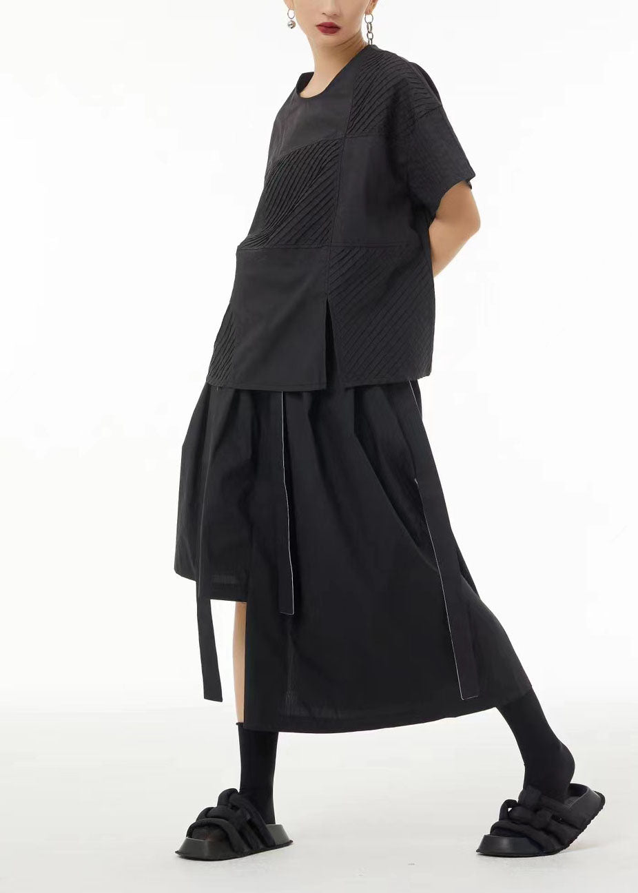 Black Wrinkled Side Open Cotton Tank Top Summer