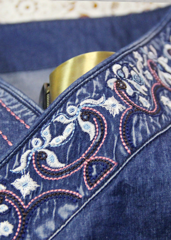 Blue Embroideried Asymmetrical Design Tie Waist Cotton Denim Dresses Bracelet Sleeve