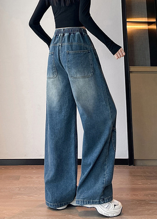Blue Letter Pockets Elastic Waist Denim Pants Spring