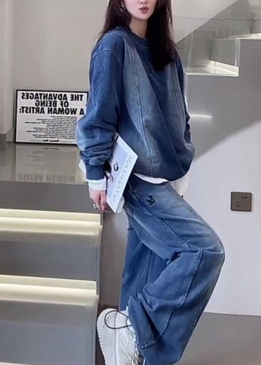 Blue O Neck Tops and Pants Denim Two Piece Set Outfits Spring