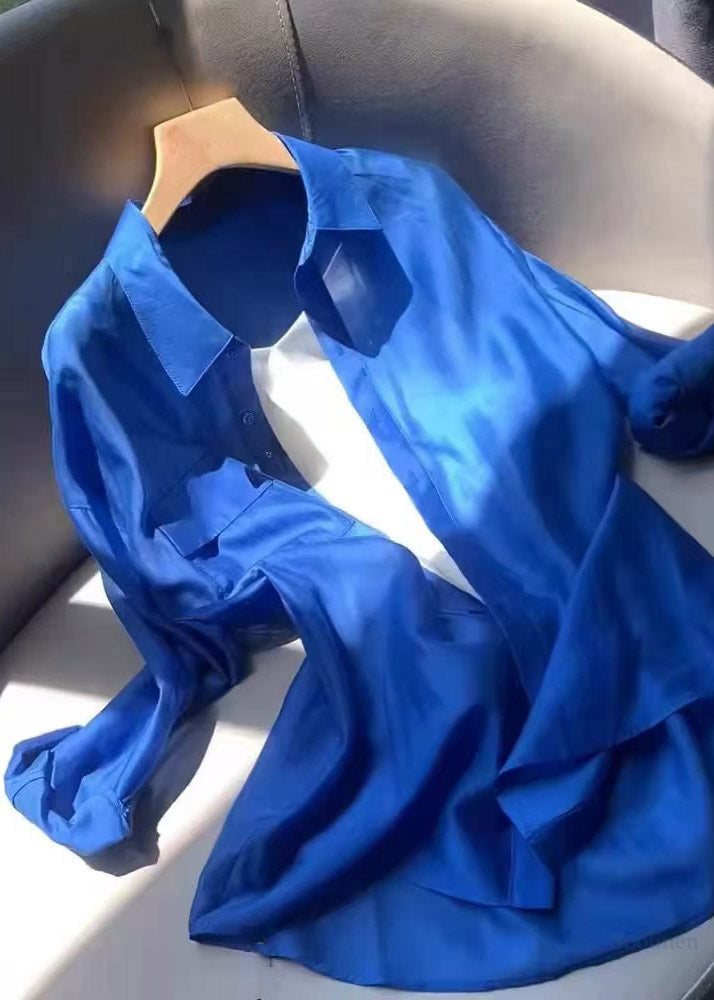 Plus Size Blue Patchwork Button Solid Shirts Lantern Sleeve