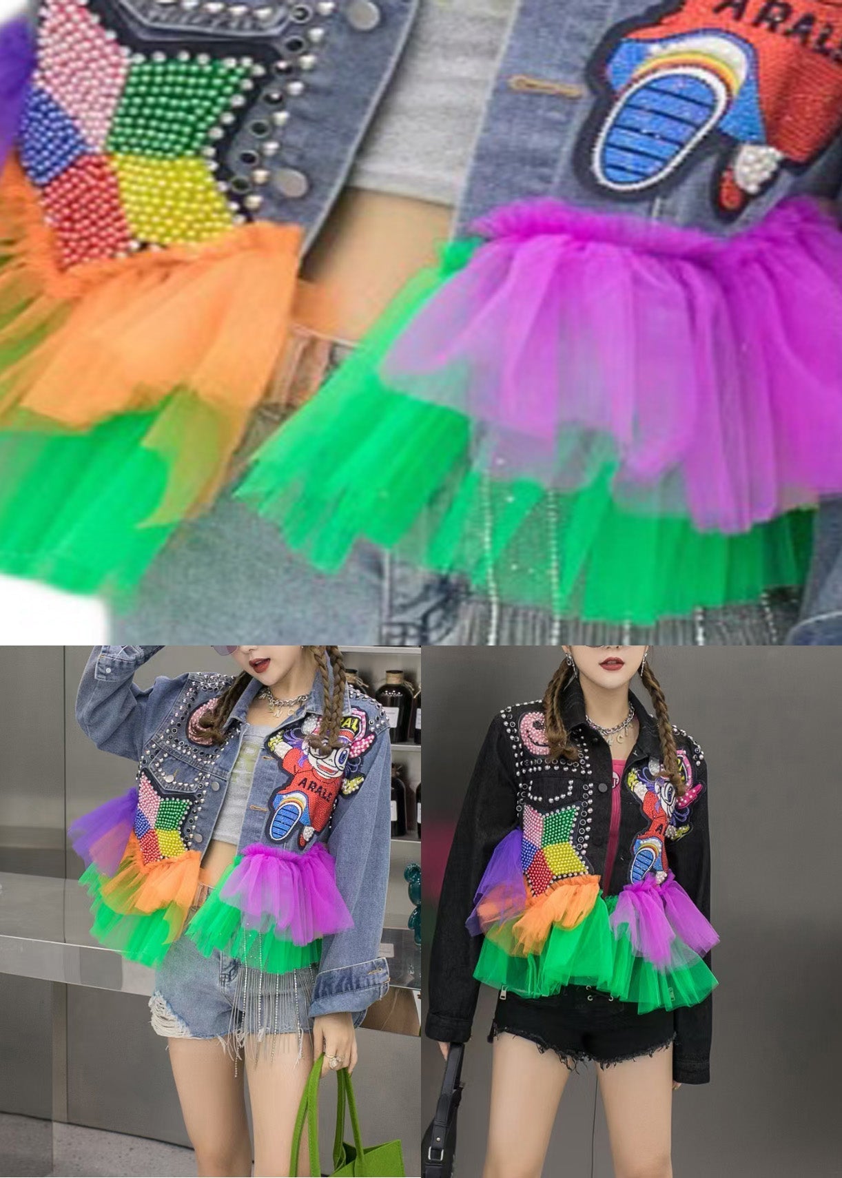 Blue Peter Pan Collar Sequins Denim Coats Long Sleeve
