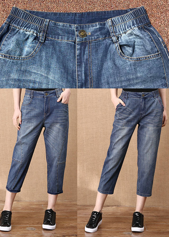 Blue Elastic Waist Pockets Cotton Denim Crop Pants Summer