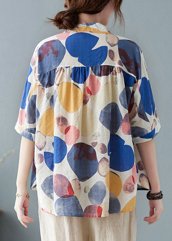 Blue Stand Collar Button Print Fall Half Sleeve Shirt Top