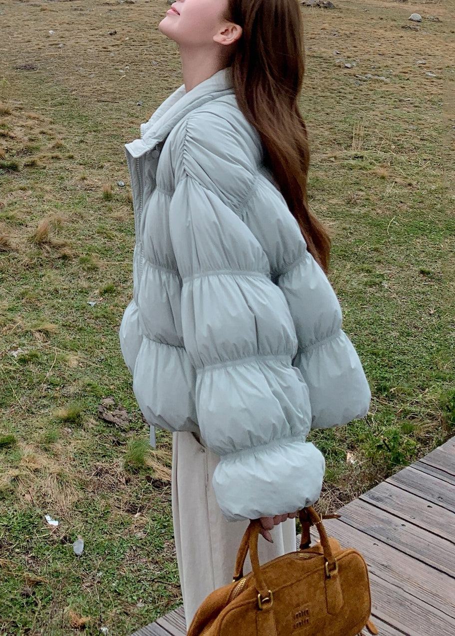 Blue Wrinkled Drawstring Duck Down Puffer Coat Winter
