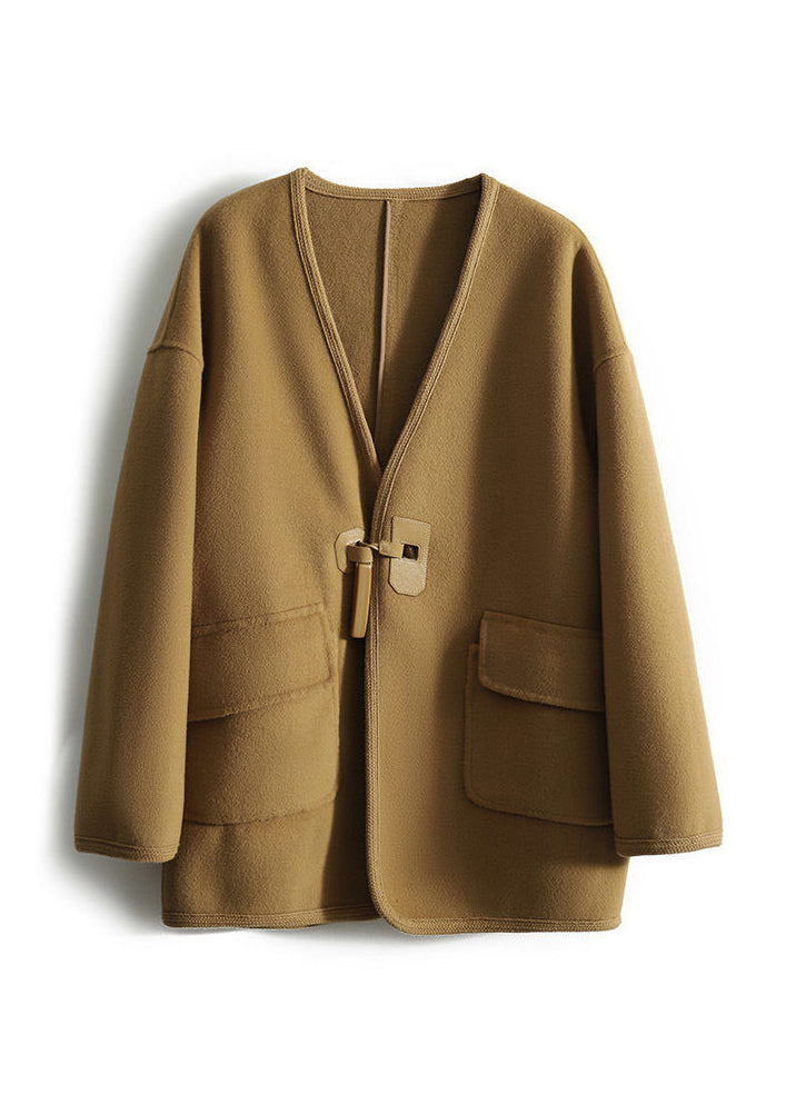 Caramel V Neck Button Pockets Patchwork Woolen Coats Long Sleeve
