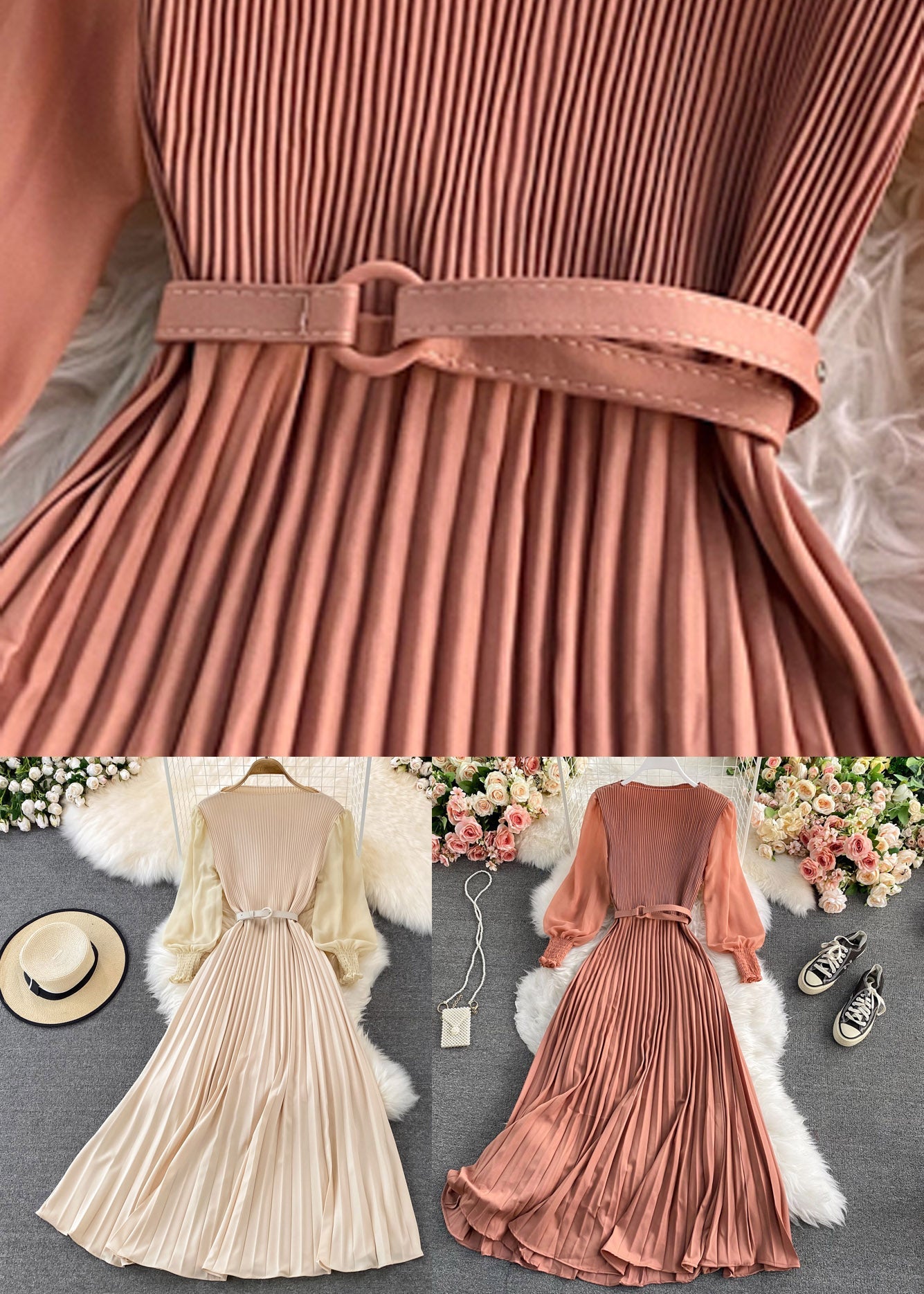 Chocolate O-neck Chiffon Sashes Long Pleated Dress Long Sleeve