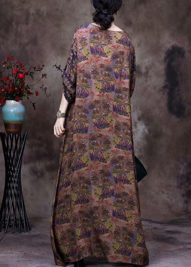 Chocolate O-neck Lace Patchwork Print Silk Long Dresses Long Sleeve
