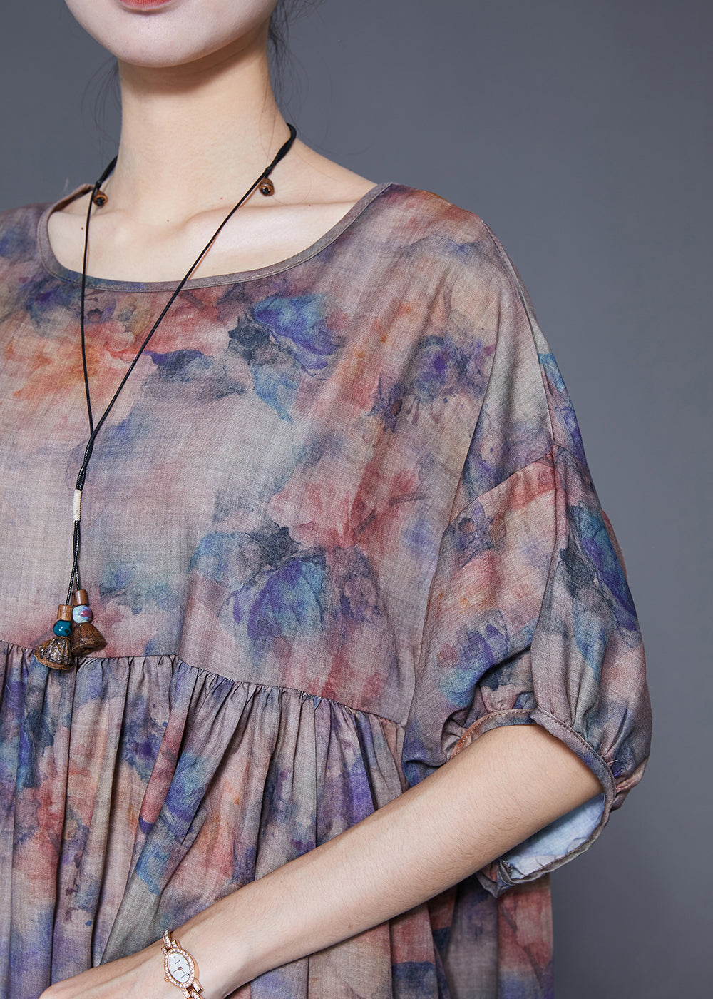 Coffee Oversized Print Linen Maxi Dress Summer