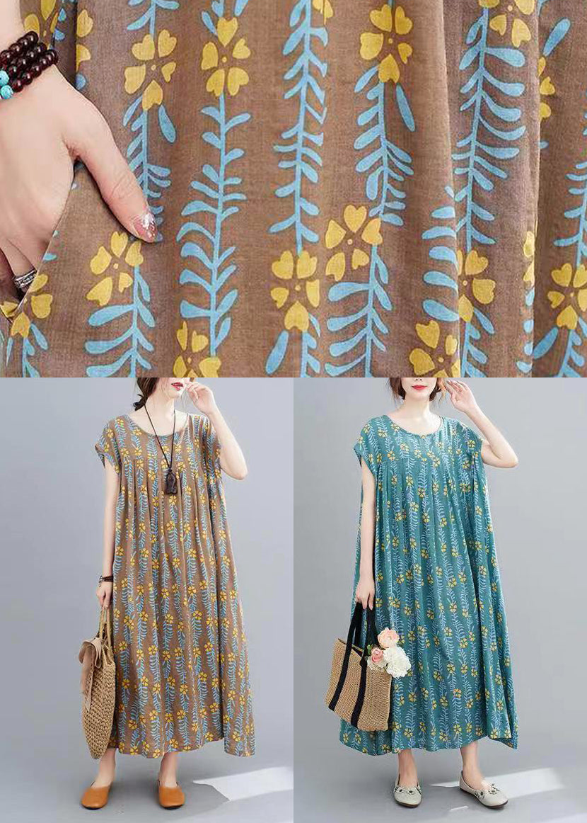 Coffee Print Long Dress Short Sleeve