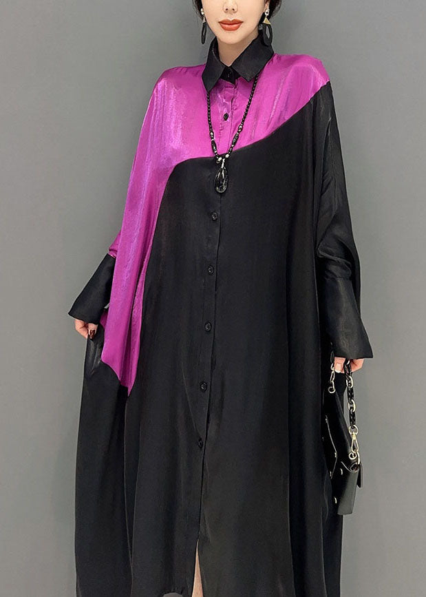 Colorblock Peter Pan Collar Patchwork Oversized Silk Dress Batwing Sleeve