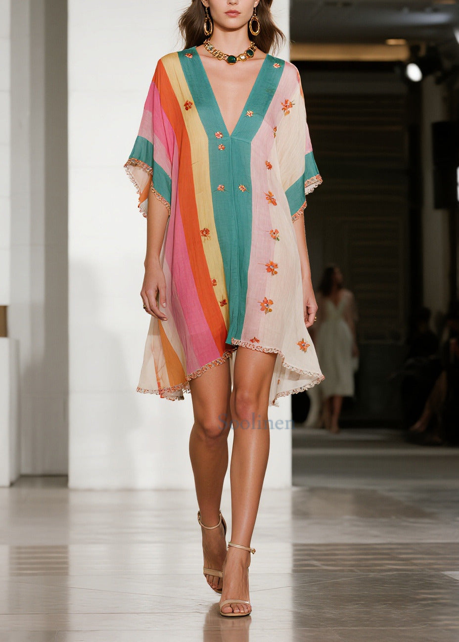 Colorblock Ruffled Striped Cotton Mini Dress Summer