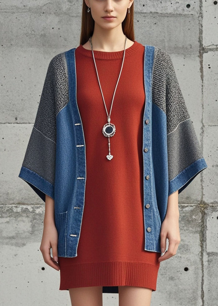 Denim Blue Oversized Patchwork Knit Cardigan Fall