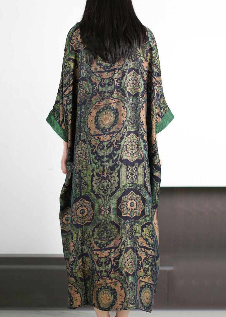 Green O Neck Print Patchwork Silk Holiday Dress Summer