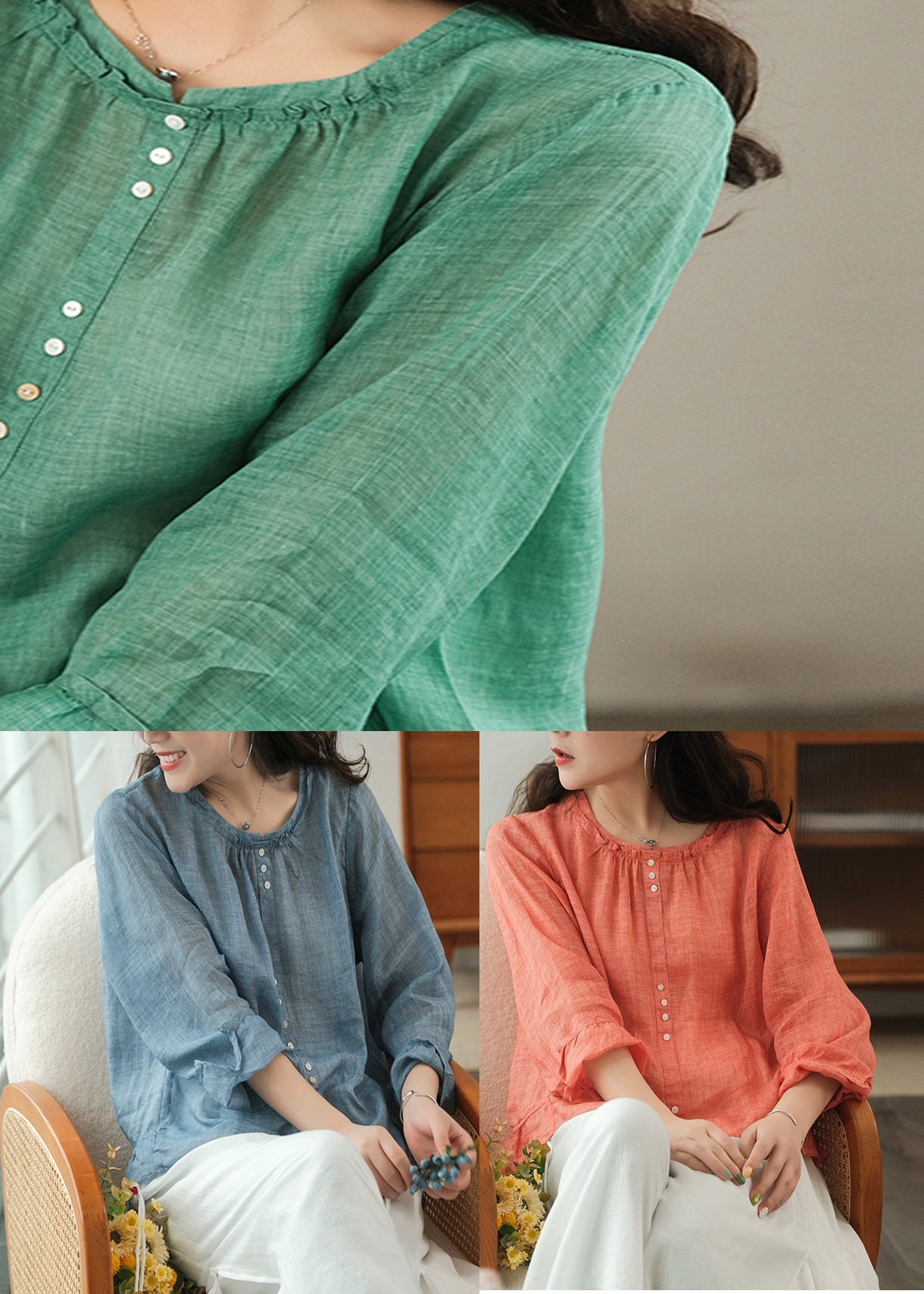 Plus Size Green Patchwork Ruffles Linen Blouses Long Sleeve